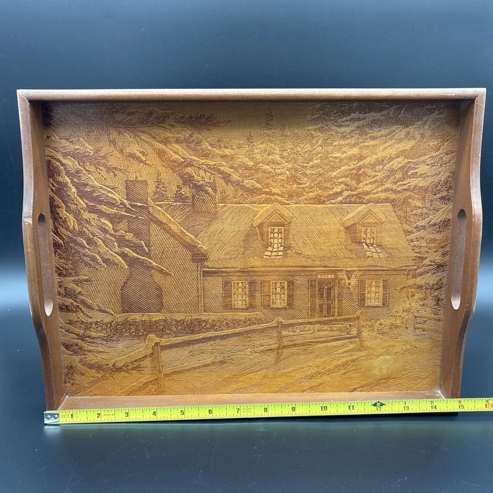 Vintage House of Lloyd Wood Serving Tray Etched Winter Cabin Scene 14.75
